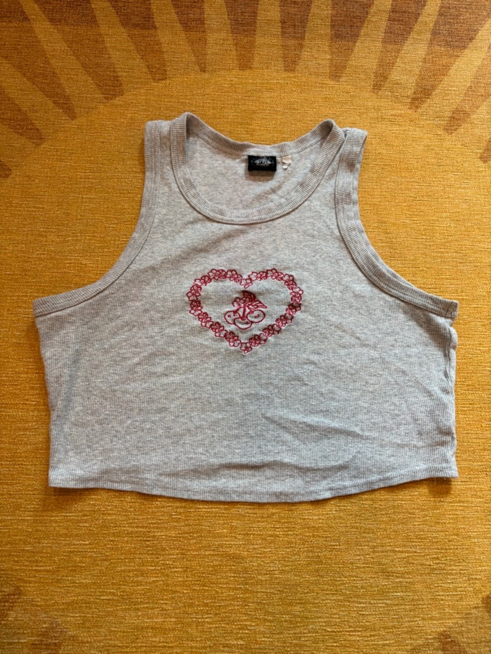 PacSun Heather Gray Ribbed Crop Tank with Red Heart Embroidery